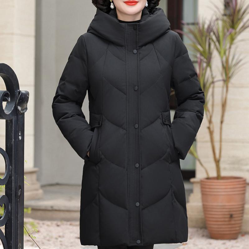 

Длинные пуховики для женщин среднего возраста, зимняя верхняя одежда с капюшоном, элегантные свободные, толстые, теплые, больших размеров, белые пуховики 4XL чёрный