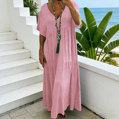 Vestido de Algodón y Lino de Verano para Mujer Talla Grande Holgado Vestido de Playa de Verano Manga Corta Cuello en V Casual Fluido Largo