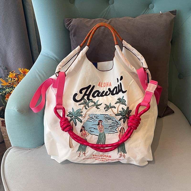 Niche Eco-Friendly Embroidered Nylon Shopping Tote - Handheld/Shoulder/Crossbody Bag with Artisanal Flair