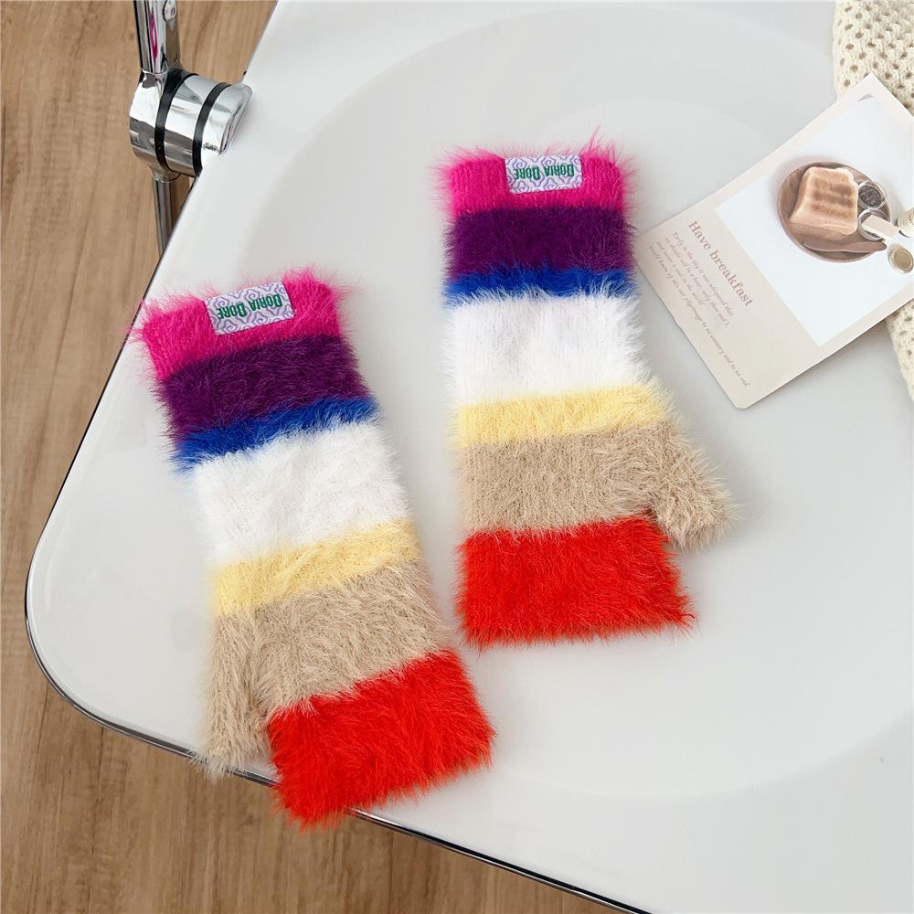 Women's Colorful Striped Wool & Velvet Fingerless Typing Gloves - Warm, Wrist Protective, Ideal for Students & Outdoor Activities