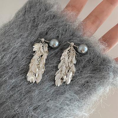 Pearl Leaf Tassel Earrings Cold Wind Light Luxury High Sense Earrings Fashion Versatile Temperament Earrings