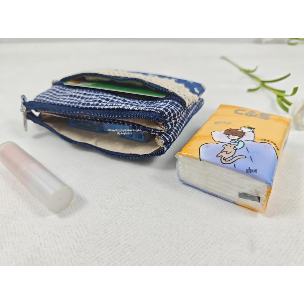 Handmade Countryside Fabric Double Zipper Coin Purse & Key Holder for Women