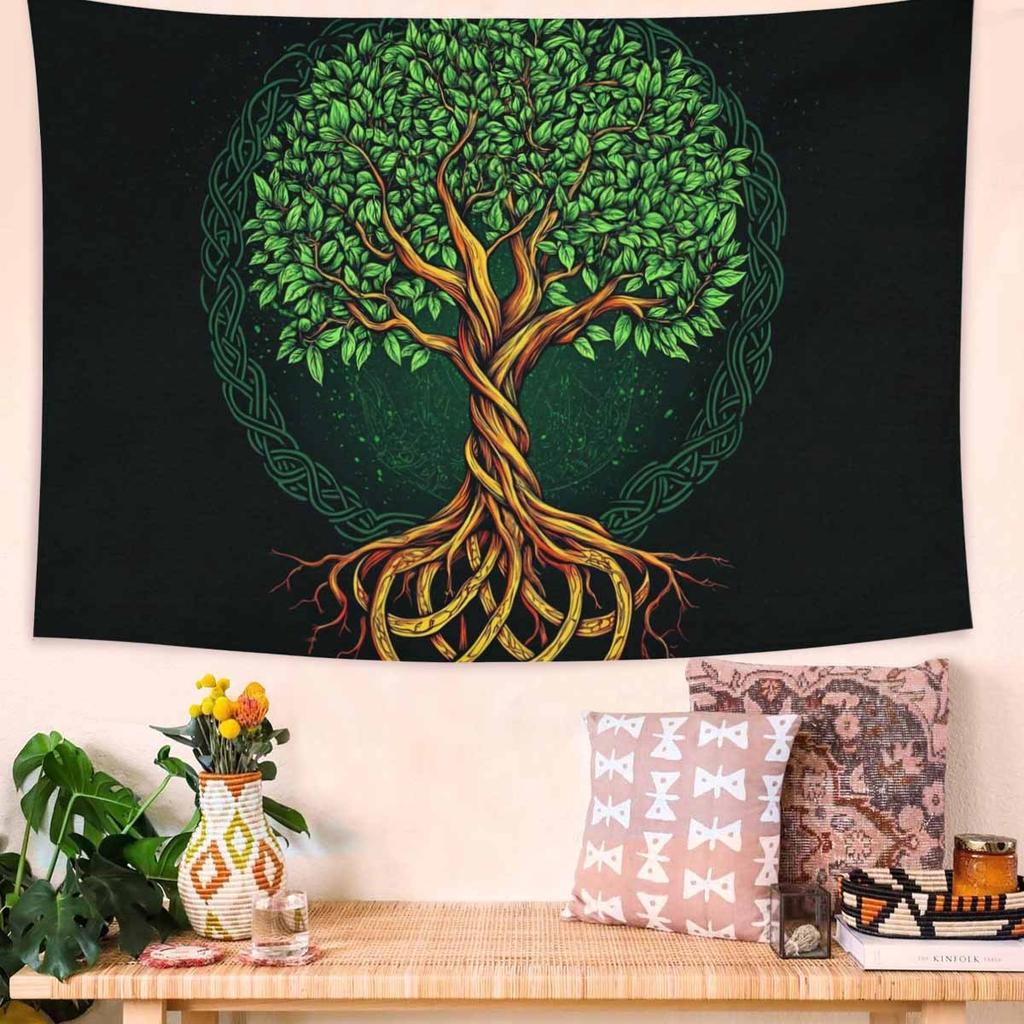 Green Tree of Life Tapestry for Bedroom Boho Mandala Tree Wall Art Tapestries Aesthetic Hippie Nature Floral Backdrop Poster