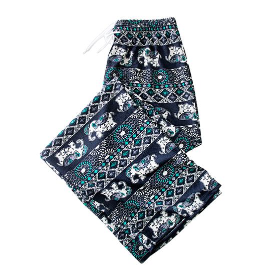 Women Casual Pants Wide Leg Elephant Print Elastic Waist Adjustable Drawstring Loose Fit Trousers Travel Work Daily Wear