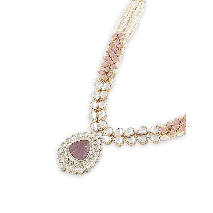 ZAVERI PEARLS Pink Purple Stones Embellished Kundan Necklace Earring & Ring Set For Women-