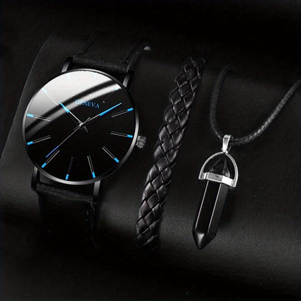 

3PCS/Set Fashion Men Watch Luxury Casual Leather Band Quartz Wristwatch Men Business Watches Bracelet Necklace Set Jewelry Gifts