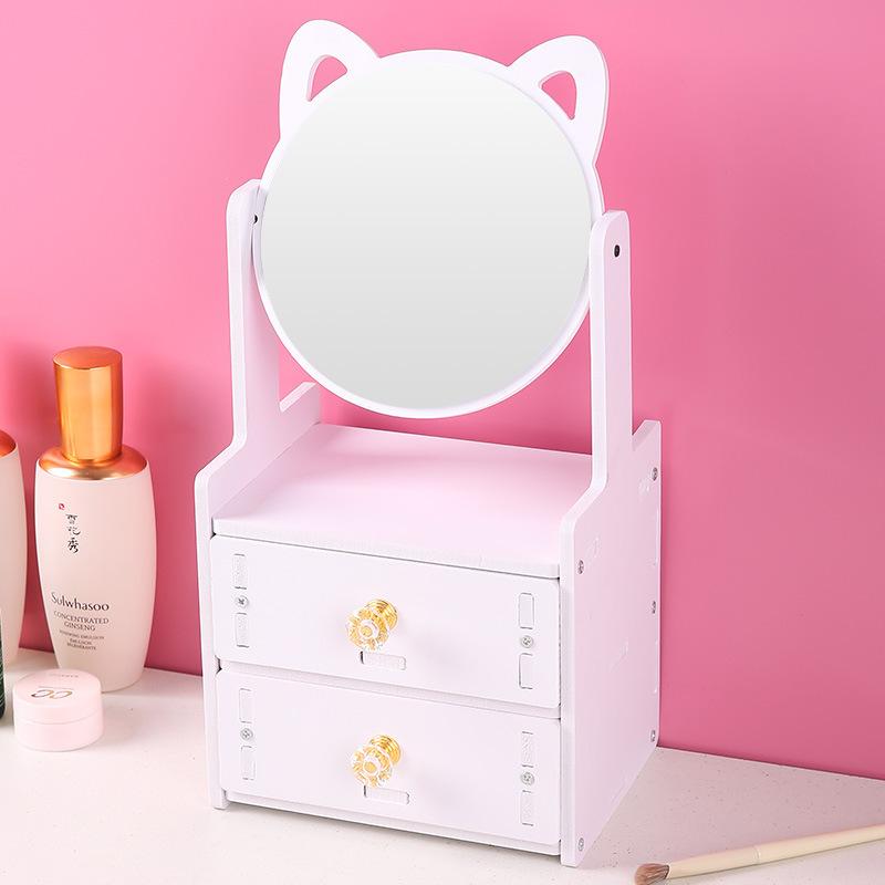 Desktop Drawer-Type Vanity Mirror Storage Box Round Makeup Mirror for Dressing Table Organizer for Jewelry Skincare Products