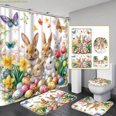1/3/4pcs Easter Bunny & Egg Bath Set with Shower Curtain (180x180cm), Rug, U-Pad & Toilet Cover - Cute Spring Bathroom Decor,