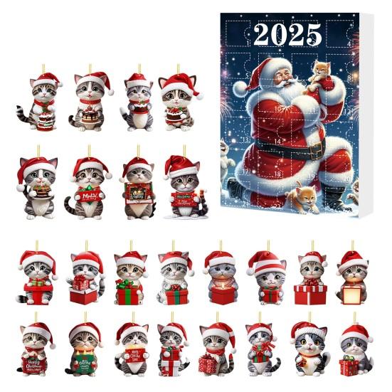 Kočičí adventní kalendáře 2025 2D akrylové roztomilé kočičí ozdoby 24 dní odpočítávací kalendář do Vánoc sváteční závěsná dekorace na stromeček pro milovníky koček