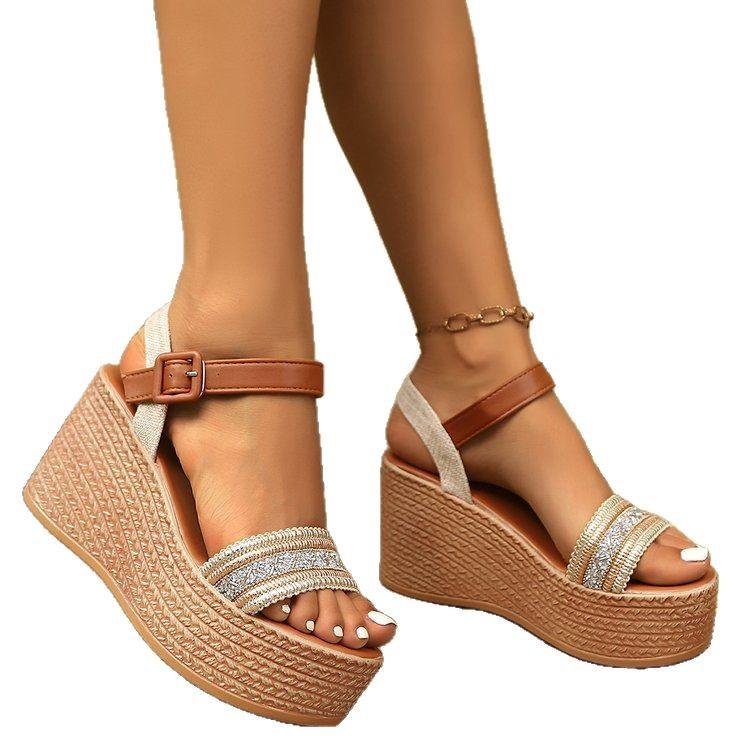 Elastic thick-soled wedge heel sandals style high heels new woven bohemian women 2025 hemp rope