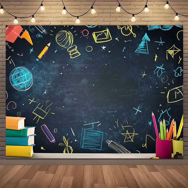 

2D School Doodle Blackboard Background Cloth, Teacher Classroom Banner 47.2x31.5inch/120*80cm