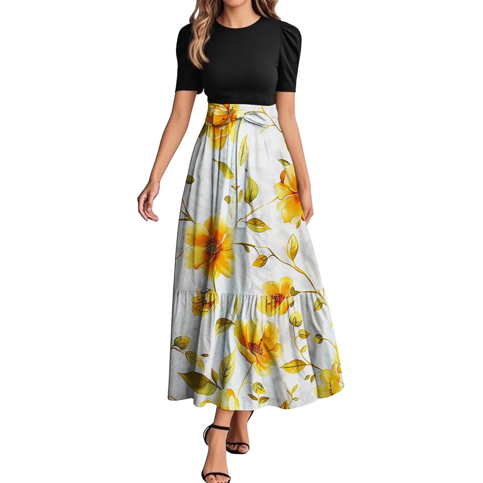 

Жіноча модна повсякденна сукня з коротким рукавом і круглим вирізом із квітковими швами, елегантна темпераментна сукня XL жовтий