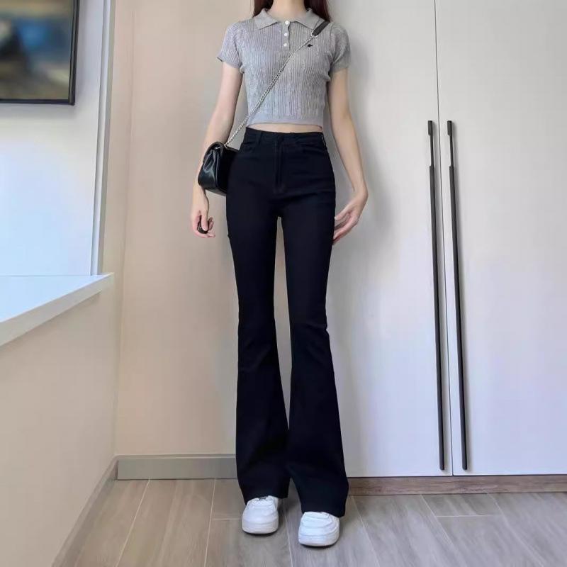 

Women s Plus Size Black High Waist Micro-Flared Jeans - Pear-Shaped Fit, Slimming, Hip-Covering, Stretch Horseshoe Pants for Autumn M