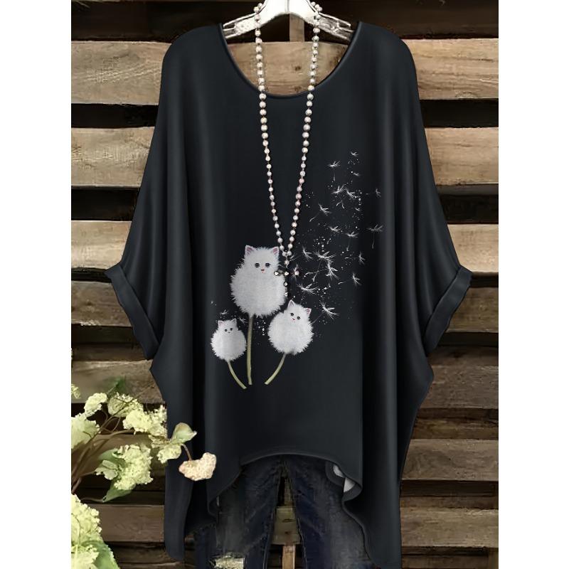 

Summer fashion new large size velvet cat shadow pattern round neck printed raglan sleeves S