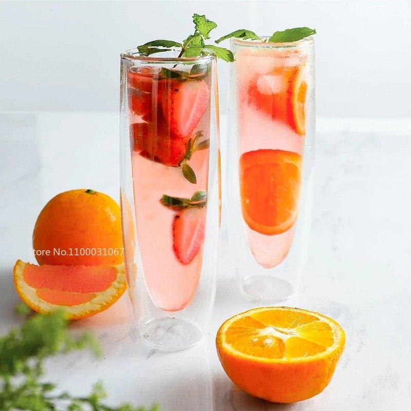 6Pcs Champagne Glasses Set Double Wall Heat Resist Glass Cup Stemless Sparkling Wine Glasses Transparent  Flute for Wedding