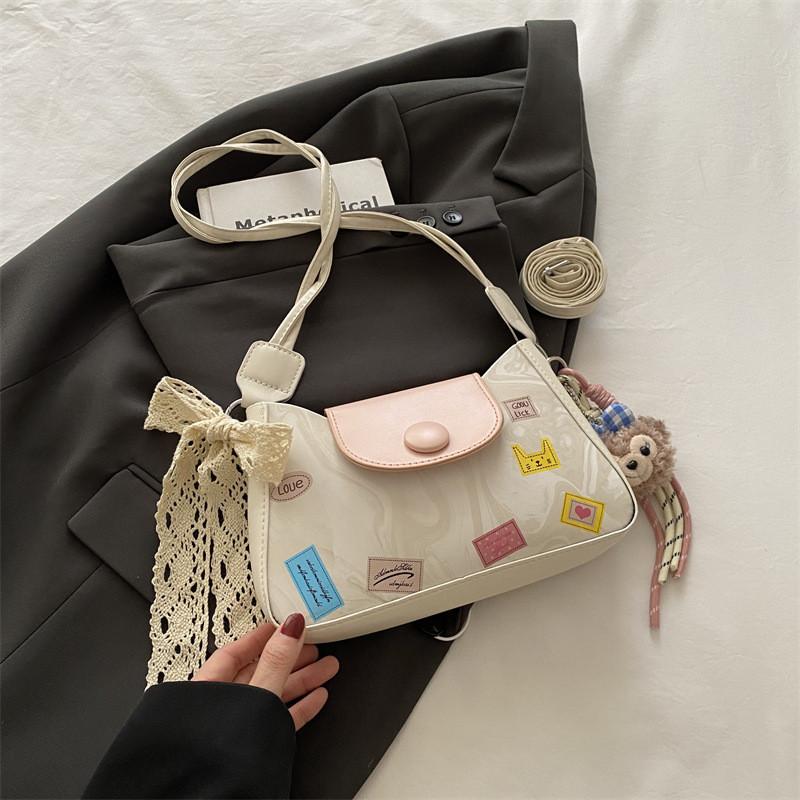 Printed Fashion Cartoon Women Shoulder Square Bag With Lace Bow And Pendant Doll