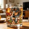Whiskey Glass, Dachshund Glass Tumbler, Hand Painted Dog Floral Cup for Whiskey Coffee, Home Bar Gift for Dog Lovers