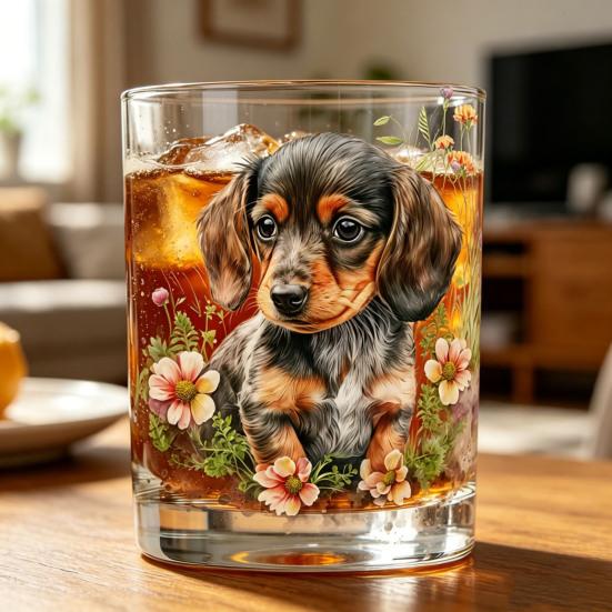 Whiskey Glass, Dachshund Glass Tumbler, Hand Painted Dog Floral Cup for Whiskey Coffee, Home Bar Gift for Dog Lovers