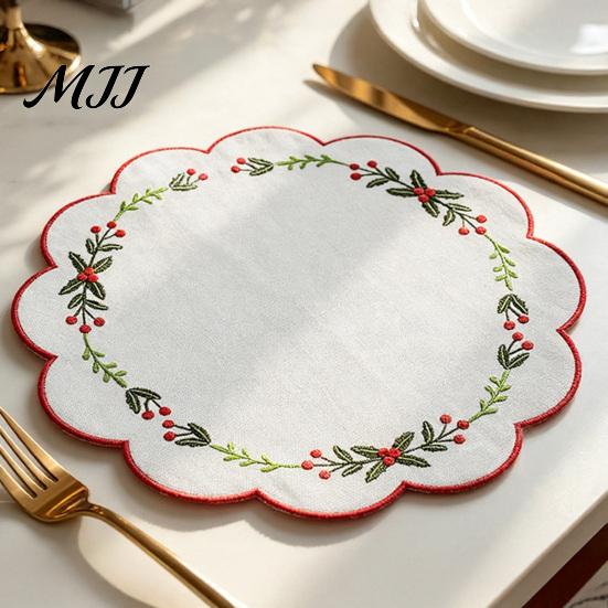 Soft Thick Table Protectors Christmas Scalloped Embroidered Placemat, 15 Inch Cloth Place Mat with Holly Berries Reusable Holiday Dining Accessories