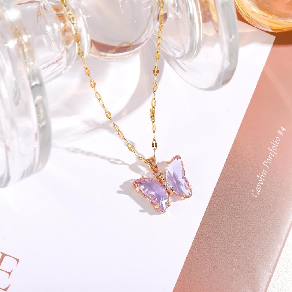 Iridescent Gradient Butterfly Necklace with Zirconia Rhinestones - Titanium Steel Clavicle Chain Pendant.