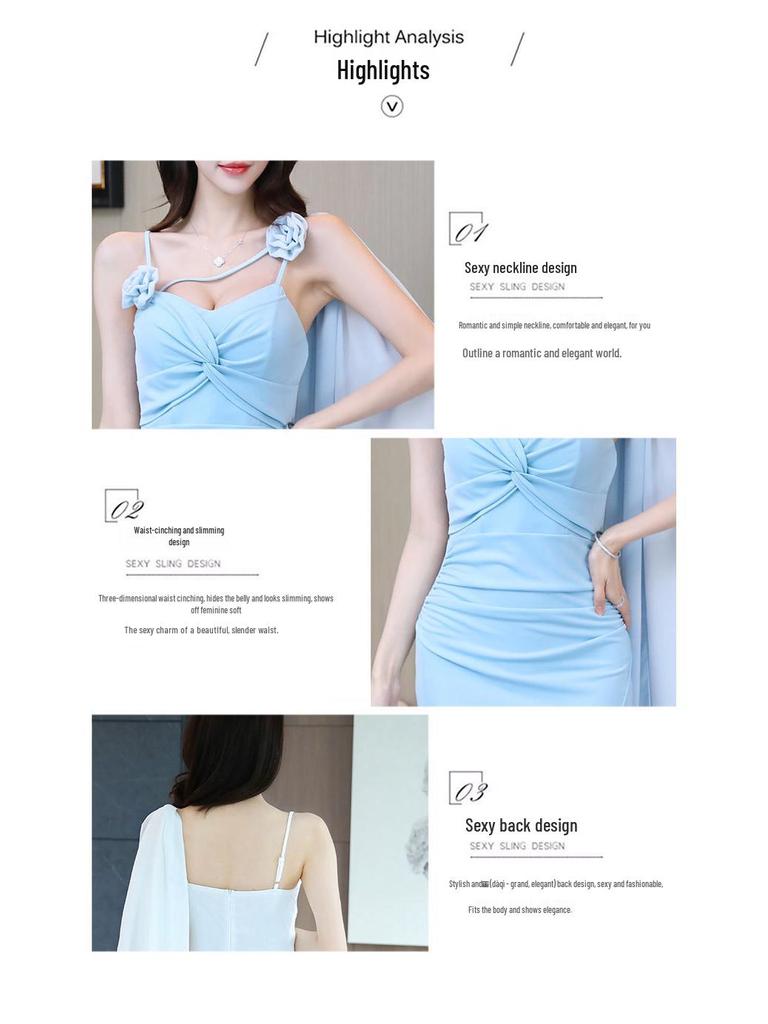 French Chic Nightclub Spaghetti Strap Dress with Slit Waist-Cinched Fishtail Skirt