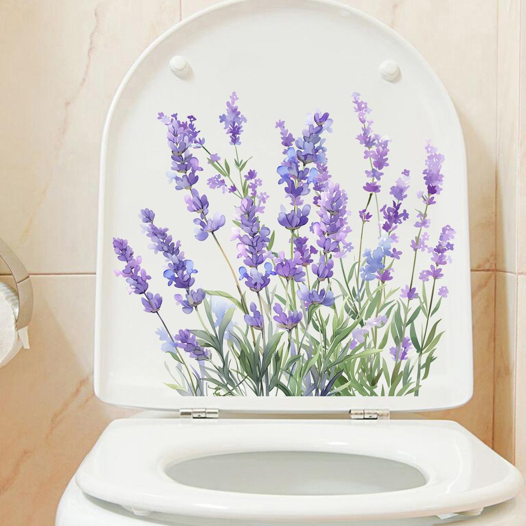 Lavender Toilet Stickers, Purple Floral Waterproof Removable Decals for Bathroom & Living Room Wall Decor