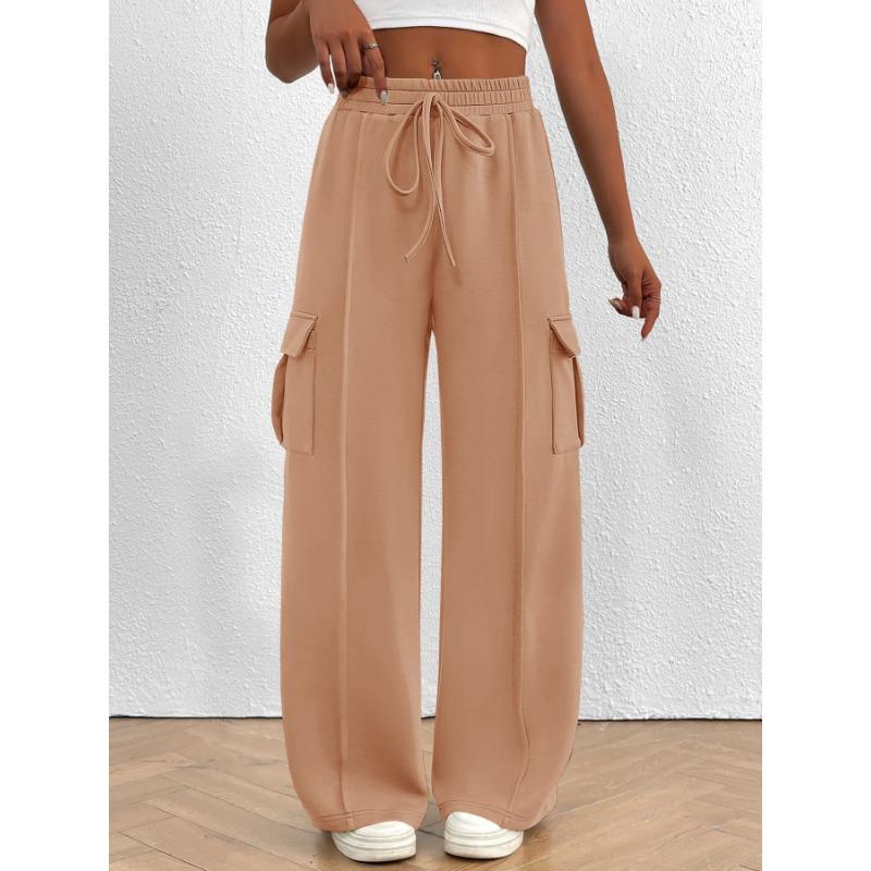

2025 Мода Свободные Повседневные Широкие Женские Длинные Брюки Кулиска Однотонные Карманы Спортивные Штаны Офис Осень Зима Повседневные Брюки для Бега Простые Брюки XXL абрикосовый