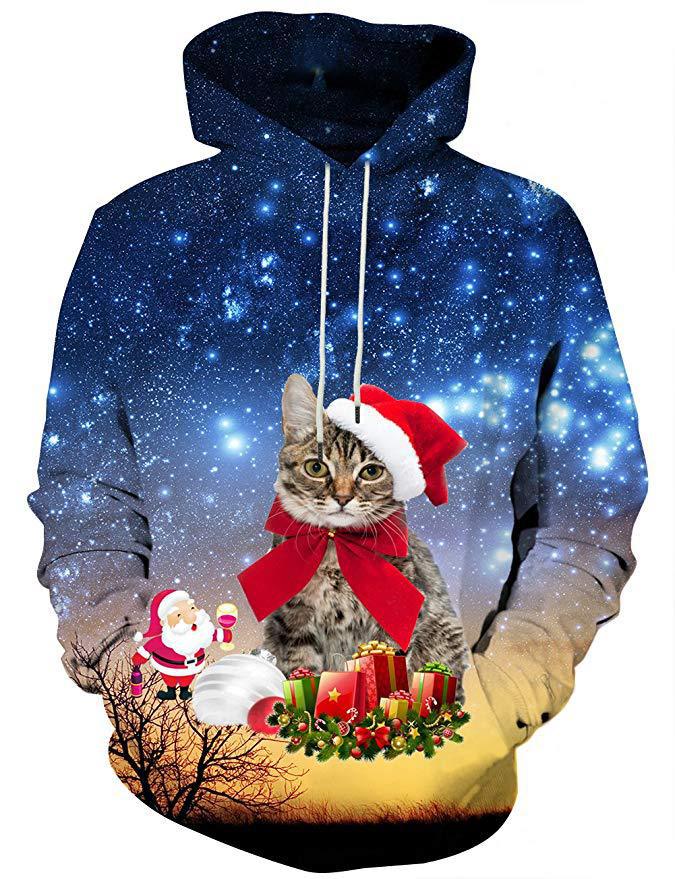 New Christmas Santa Claus Crew Neck Casual Sweater Digital Printed Animal Cat Couple Hoodie