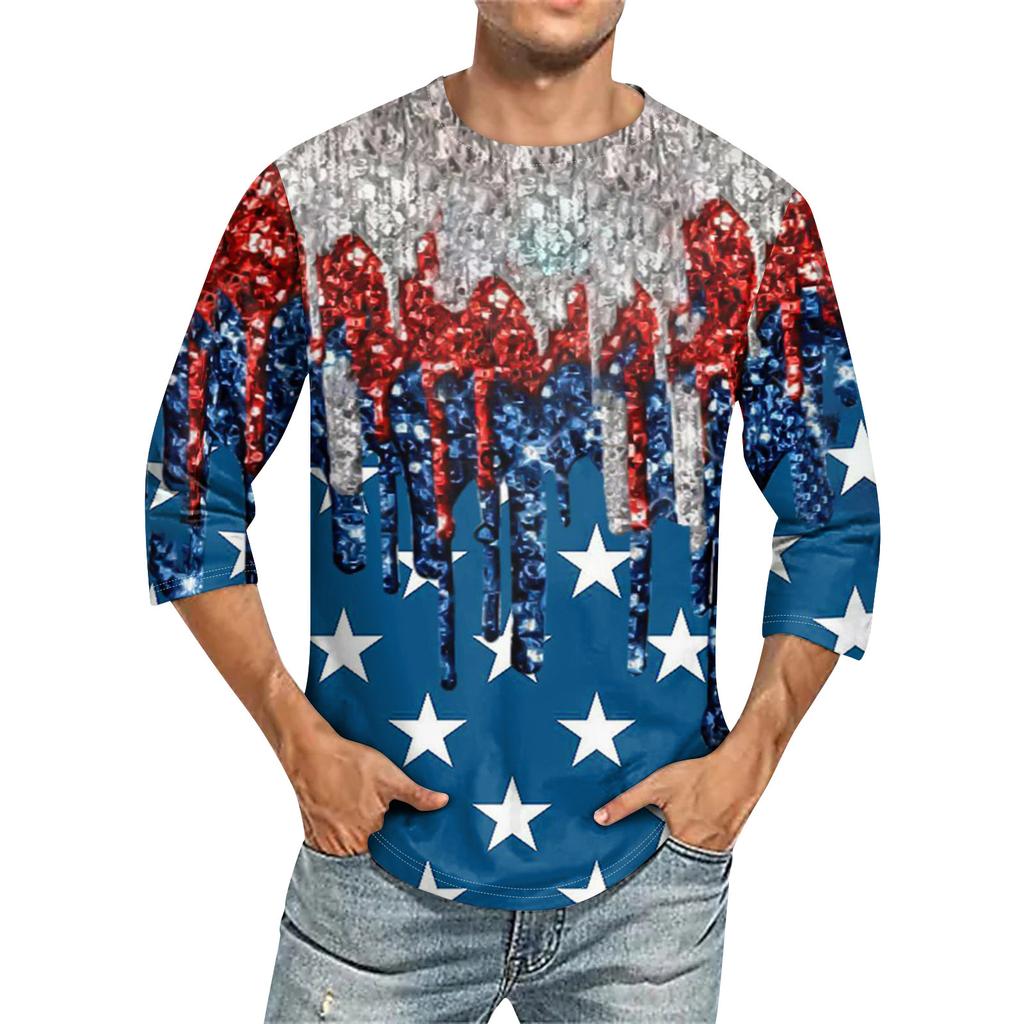 Tricou bărbătesc cu guler rotund și mânecă trei sferturi, casual, la modă