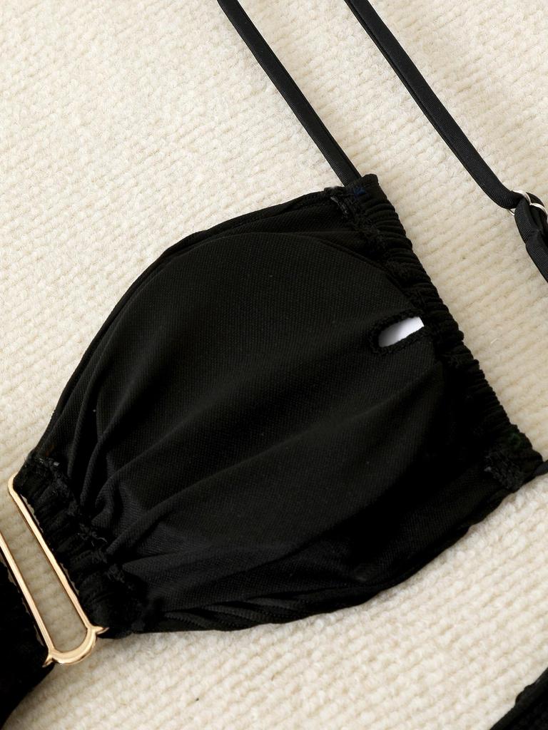 2025 European & American Strappy Backless Pleated Bikini Set – Solid Color Swimwear
