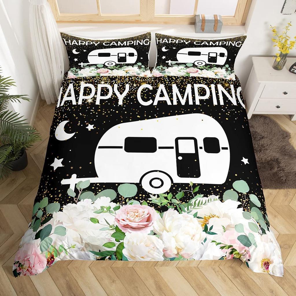 Rustikales Bauernhaus Camper Bettbezug King für Junge Mädchen Blume Happy Camping Bettwäscheset Weltraum Stern Glitzer Galaxie Bettdeckenbezug
