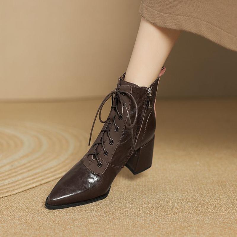 Fashion NEW Autumn Women Boots Genuine Leather Shoes for Women Pointed Toe Chunky Heel Shoes Lace-up Zipper Modern Boots High Heel Boots