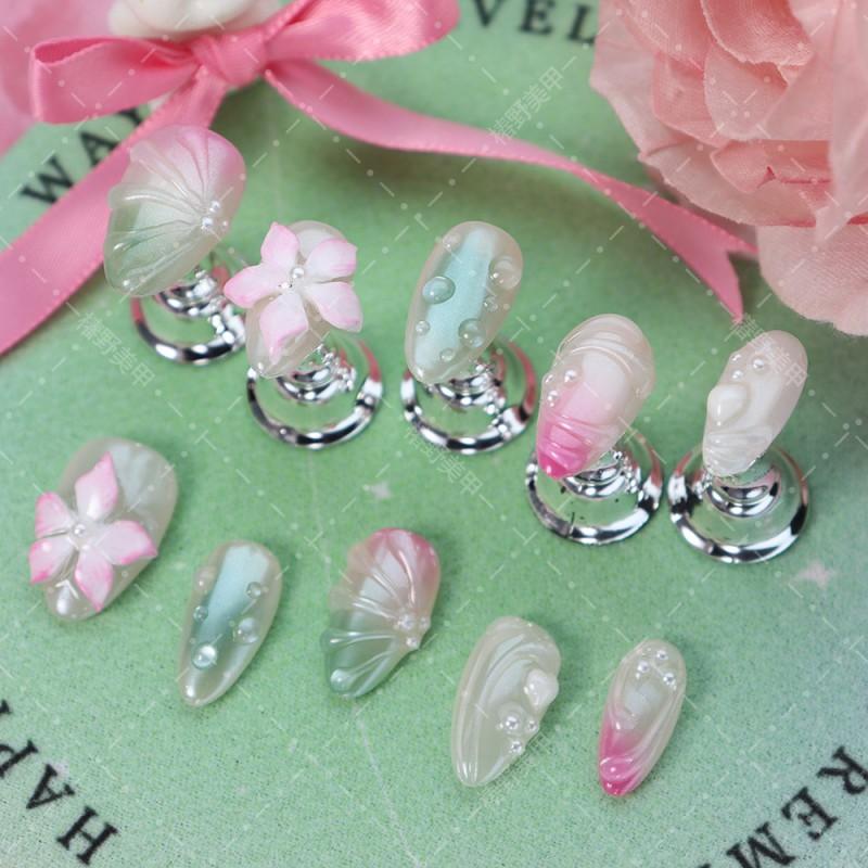Handcrafted Press-On Nails Short Almond Shape With Floral Pearl Design Gradient Watercolor Sweet Chic Style