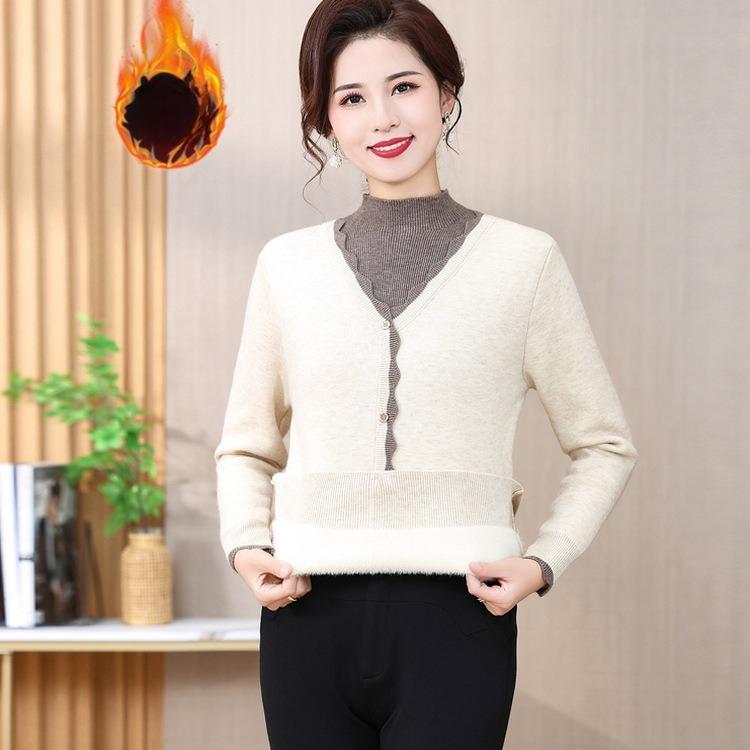 Women's Half-high Collar Plus Velvet Thickened Fake Two-piece Mother-fitting Knitted Sweater Integrated Velvet Commuting Versatile