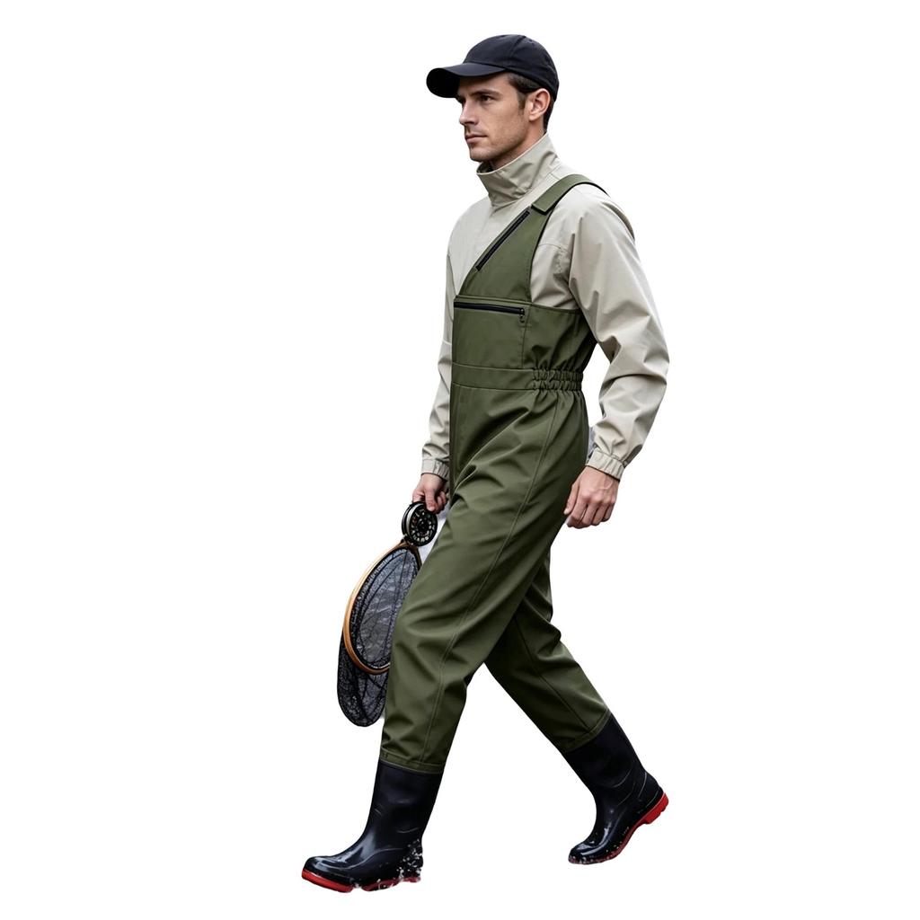 Men One Shoulder Fishing Jumpsuit Water Resistant Sleeveless Elastic Side Waist Legs Overalls with Hook Loop Fastener and Zip Pockets