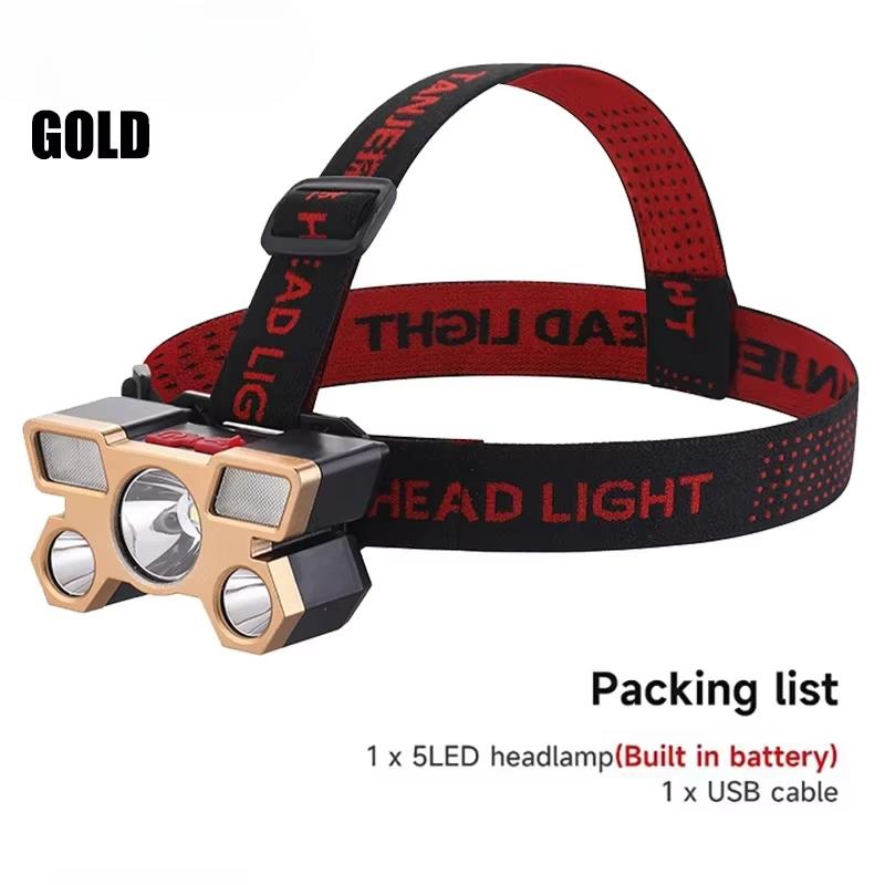 Powerful 5 LED Headlight USB Rechargeable Ultra Bright Headlamp Built-in 18650 Battery Head Torch Outdoor Camping Searchlight