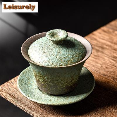 200ML Coarse Pottery Three Talent Cover Bowl Tea Cup Household Large Kiln Transformation Single Japanese Offer Kung Fu Tea Set