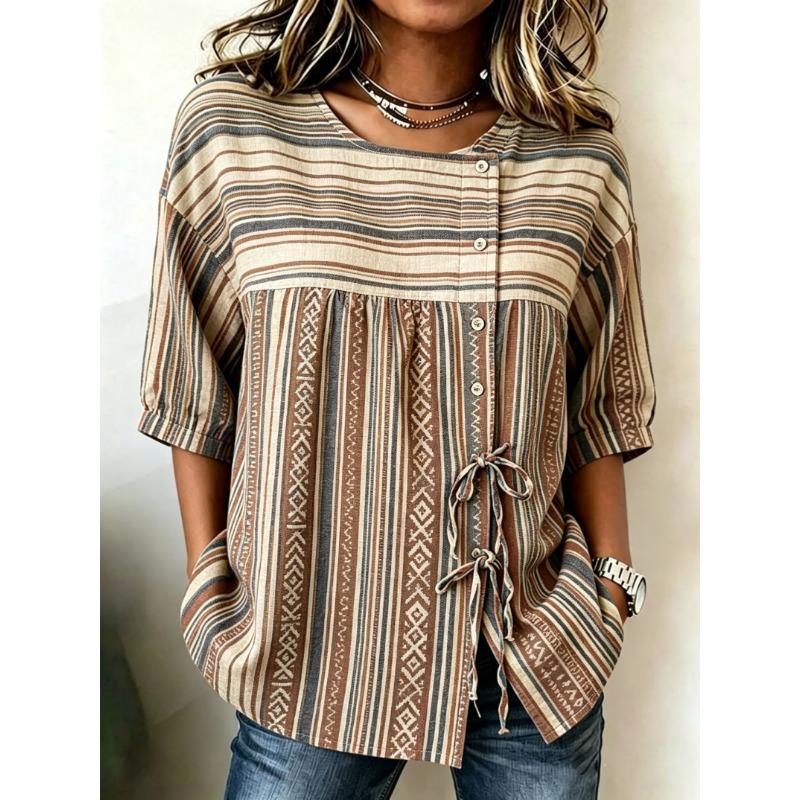 Blouse à rayures multicolores pastel pour femme, boutonnée et à nouer sur le devant, haut décontracté et élégant pour le printemps, l'été, le quotidien et polyvalent