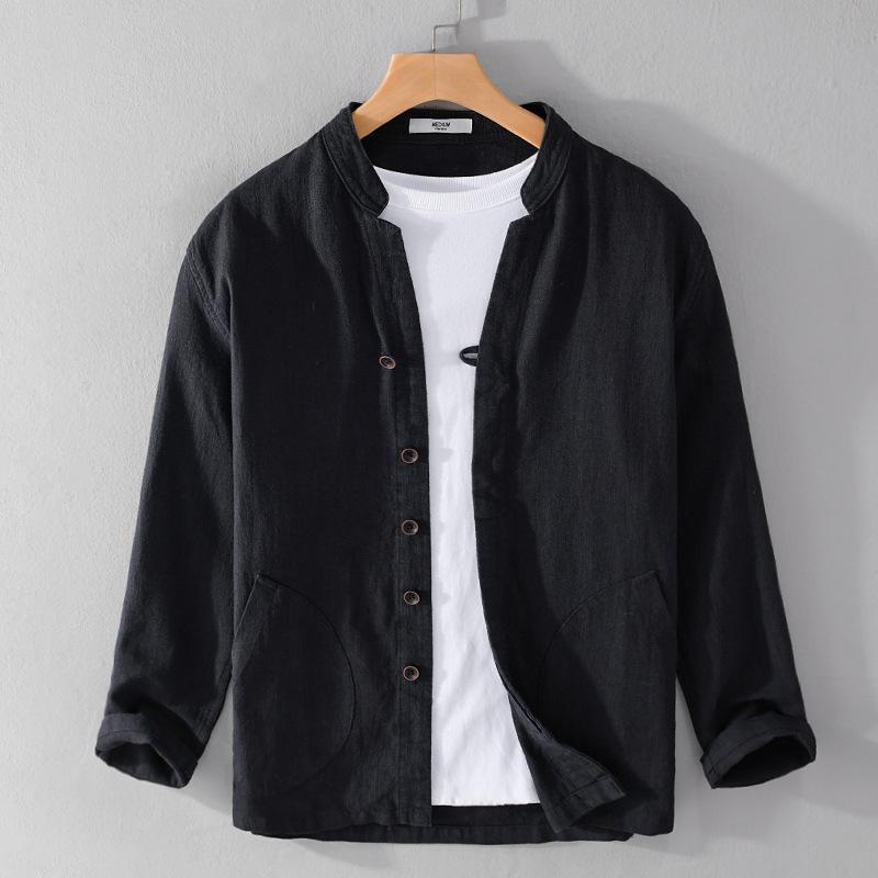 Men's Ramie Linen Stand Collar Shirt - Spring/Summer Casual, Loose Fit, National Style