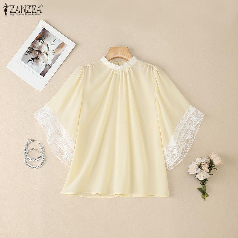 ZANZEA Women Casual Round Neck Lace Splice 3/4 Sleeve Loose Blouse