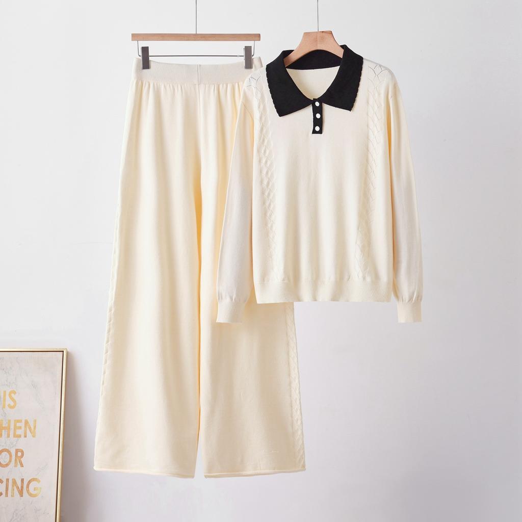 Cross-border European and American fashion knit two-piece set: polo collar sweater + loose casual pants set, woolen knit set, thick for women