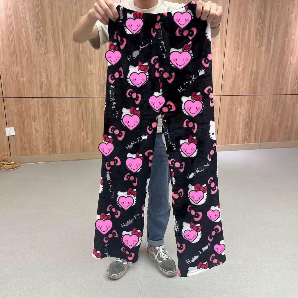 Damen Hello Kitty Halloween Flanell Schlafhose - Dick, gemütlich und mit Samt gefüttert für Herbst und Winter