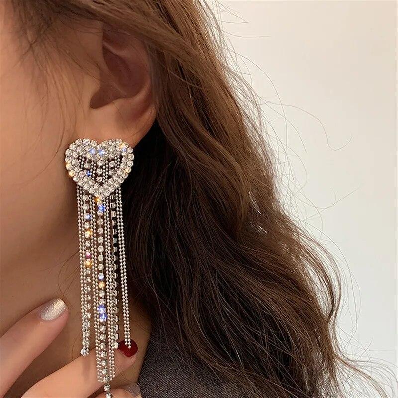 2022 Fashion Love Heart Shiny Zircon Earring For Women Bride Charm Rhinestone Long Tassel Earrings Wedding Party Jewelry Gifts