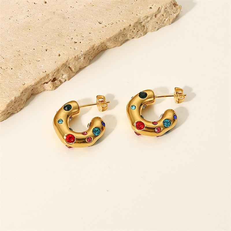 Stainless Steel Earrings Irregular C Shape Ear Studs Gold Plated Colored Zircon Jewelry For Women Simple Fashion Jewelry Gif