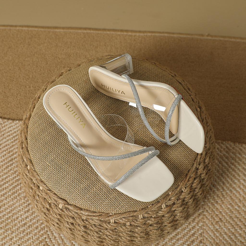PVC summer new crystal sandals slippers women's thick heel middle heel transparent glass glue one-word belt drag women's shoes outside wear