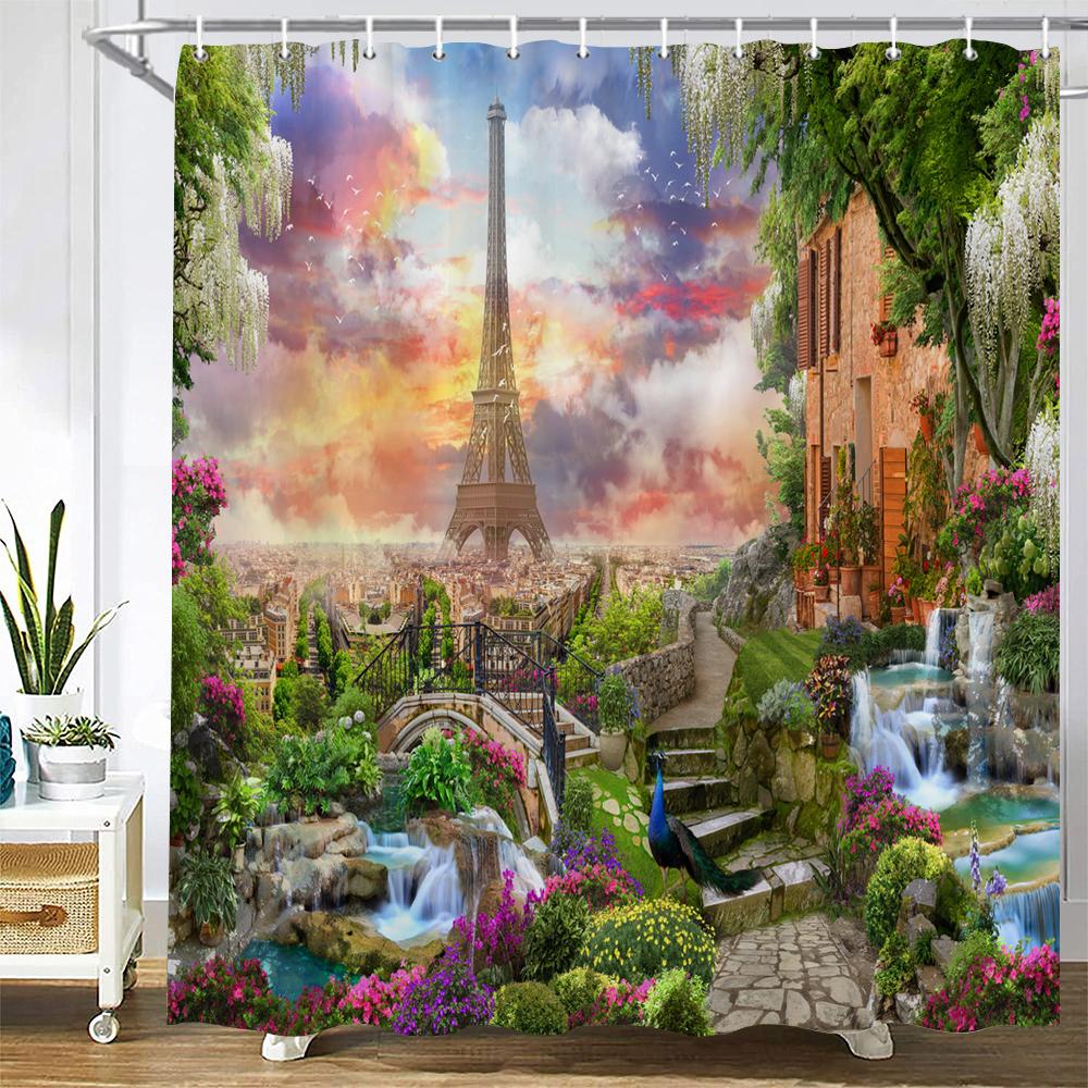 Wieża Paryska Krajobraz Paryża Zasłony Prysznicowe Łazienka Wodoodporna Zasłona Kąpielowa Tkanina Poliestrowa Zasłona Kąpielowa 180*180cm