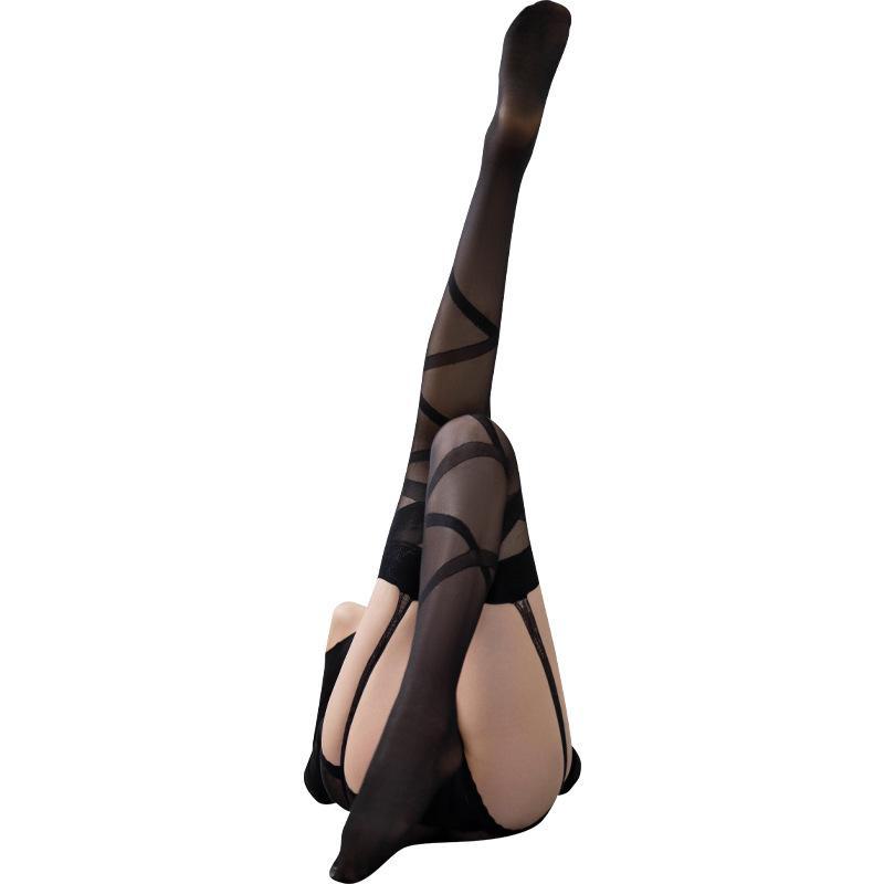 Elegant Black Lace Garter Stockings with One-Piece Design and Half-Leg Ring