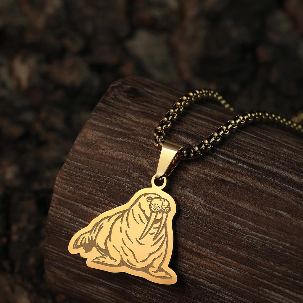 Kinitial Chubby Pacific Walrus Necklace For Men Women Stainless Steel Necklaces Chain Sea Animal Male Necklace Jewelry Gifts