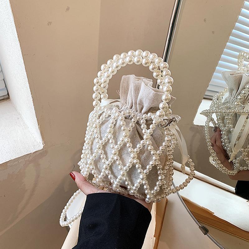 Luxus Perlen Damen Eimer-Tragetasche Gewebte Perlen Umhängetaschen für Damen Kleine Geldbörse Handtasche Lässiger Kordelzug Damen Münzbörse