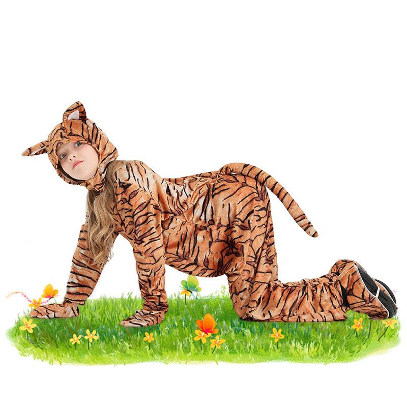 Kids Boys Girls Animals Tiger Leopard Jumpsuit Hat Set Halloween Role Play Dress Up Cosplay Costume